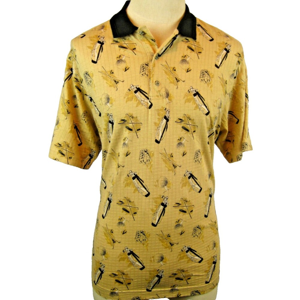 Mens Crossings Cotton SS Tan w Graphics Golf Polo Casual  Shirt sz L